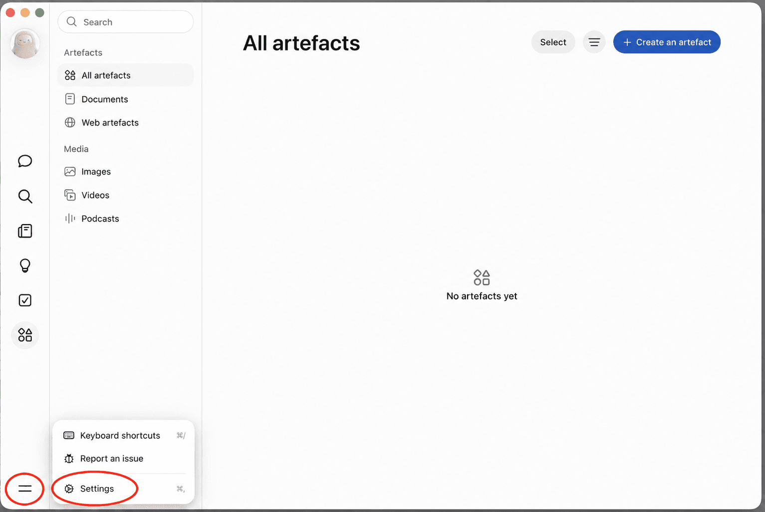Muse bottom-left menu and Settings option circled in red.
