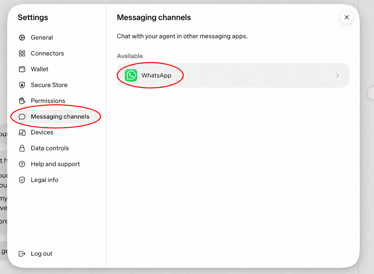 Muse Messaging channels and WhatsApp options both circled in red.